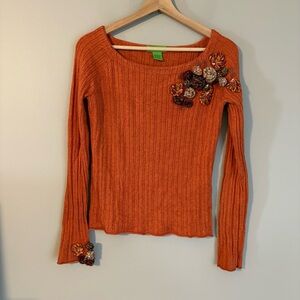 Orange Ribbed Sweater with Floral Accents size M silk and cashmere